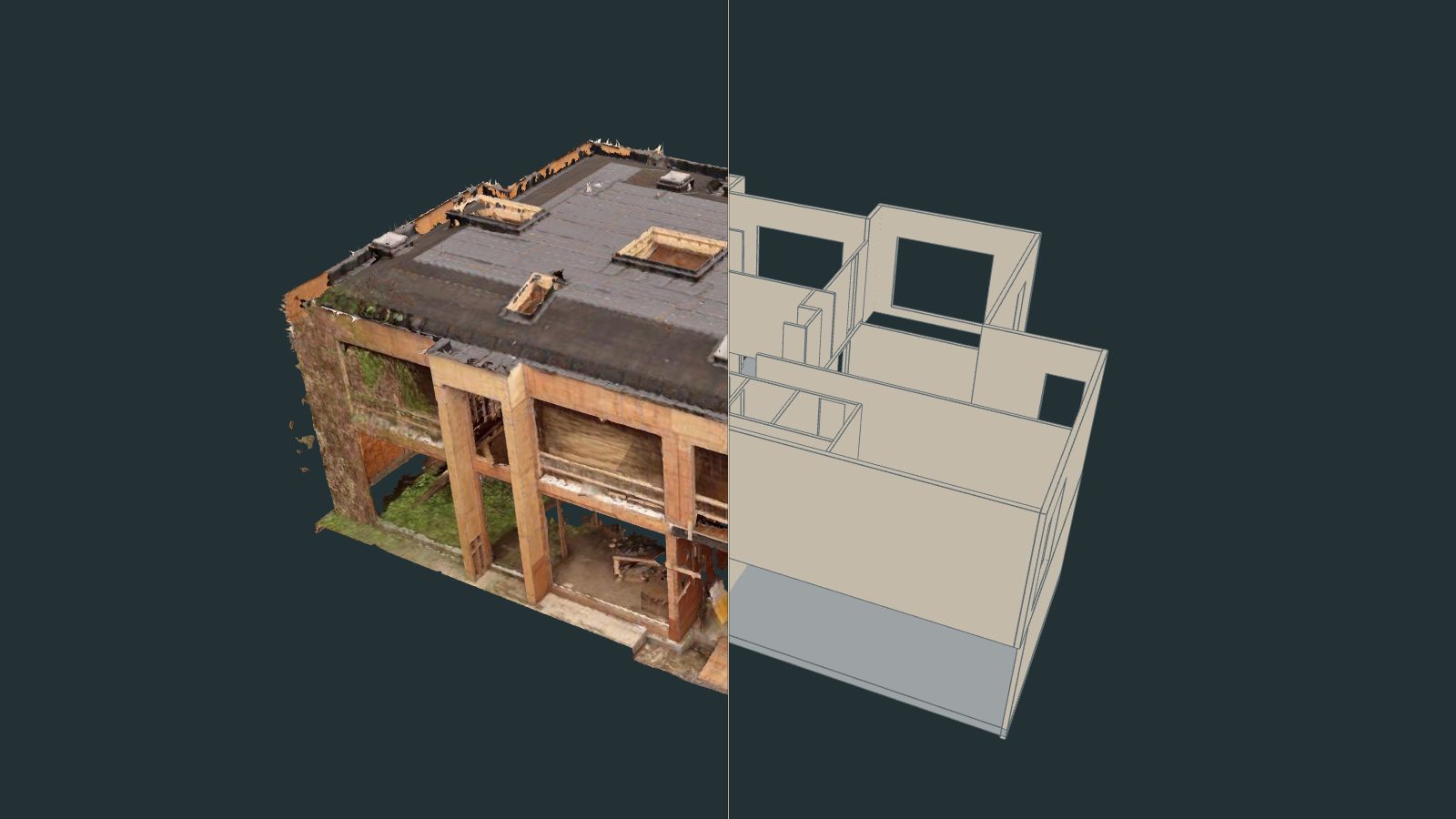 Split view of the surveyed building: the textured scan on the left, the as-built BIM model on the right