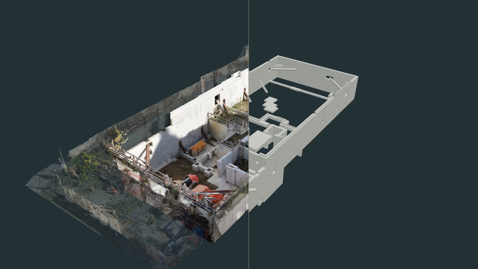 Split view of the foundation excavation: the textured scan on the left, the grey 3D foundation model on the right